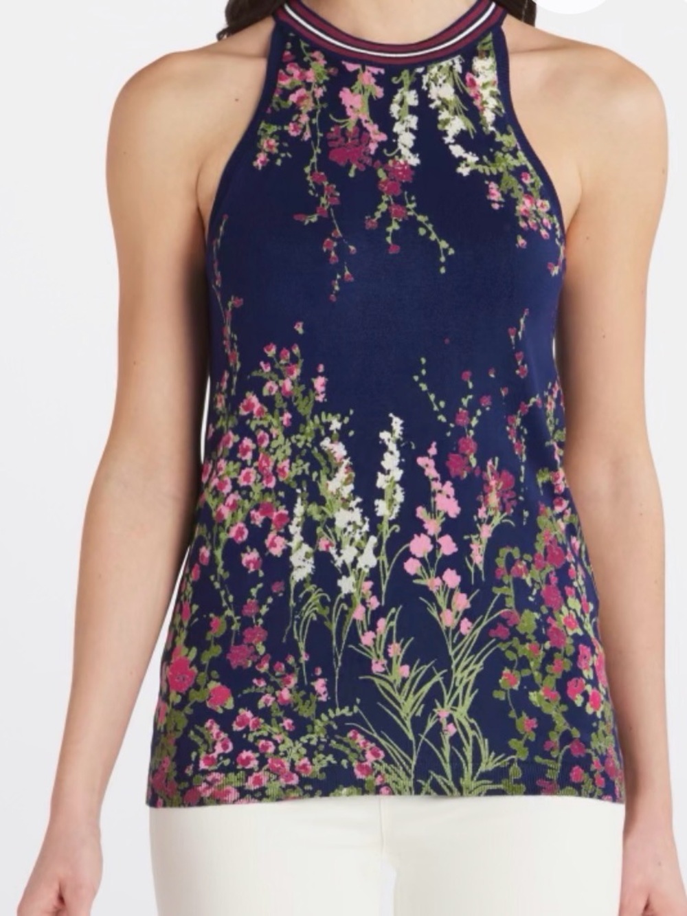 Floral Halter Royal Blue to Navy Women's Tank Top (light sweater material)